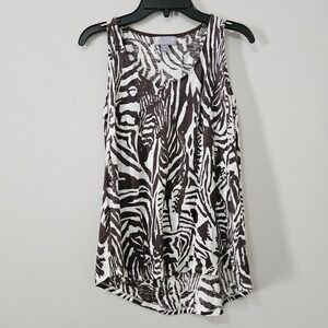 JCP Women Zebra Print 100% Linen Tank Top Brown White Sleeveless Scoop Neck S
